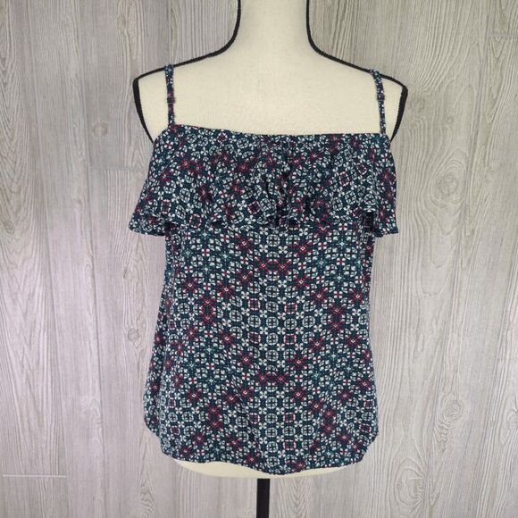 Roxy Mosaic Tile Print Ruffle Cami Top Size XL Blue and Red Removeable Straps - Picture 1 of 8